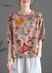 Modern Pink-Flower4 Regular Embroideried Summer Floral Half Sleeve