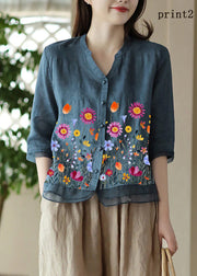 Casual Blue V Neck Embroidered Solid Ramie Shirt Half Sleeve
