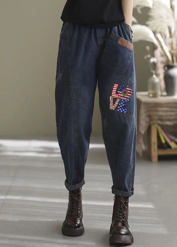 Natural blue-yellow love elastic waist Pockets denim Pants Spring