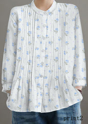 Organic White  Print  Linen Shirt Tunics Women Ramie Blouse
