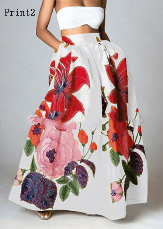 Bohemian White -Red Print High Waist Pockets Floral Print Cotton A Line Skirt Summer