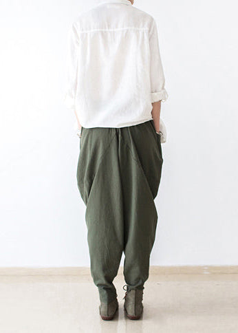 2024 autumn tea green linen pants oversized cotton harem pants trousers