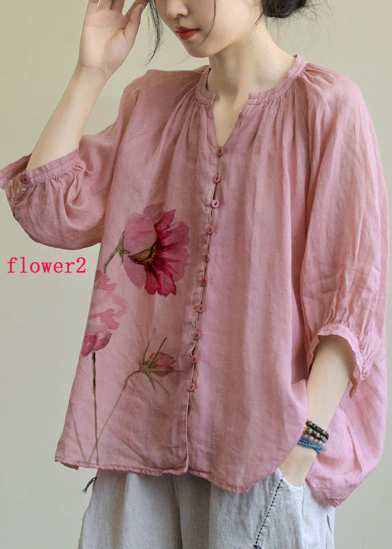 Italian Pink-red flower V Neck Button Loose Fall Half Sleeve Blouse Top