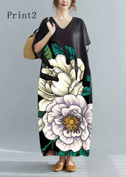 Loose Black-print4 V Neck Oversized Leaf Print Chiffon Long Dress Short Sleeve