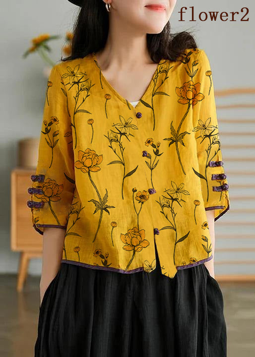 Women Yellow-flower2 Casual Ramie Cardigan Embroidered Shirt