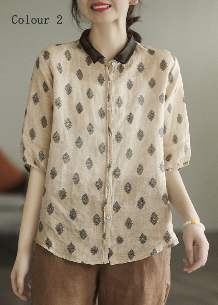 Fashion Colour 1 Peter Pan Collar Print Button Linen Shirt Half Sleeve