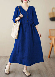 Chic dark blue V Neck Plaid Patchwork Button Linen Maxi Dresses Summer