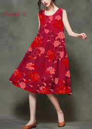 Casual Wine Red-floral3 O-Neck Wrinkled Long Dresses Sleeveless