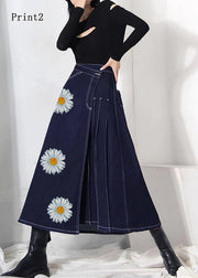 Boho denim blue-print4 zippered asymmetrical design Summer Skirt