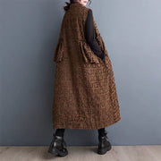 Stylish Brown Peter Pan Collar Pockets Cotton Long Vest Sleeveless