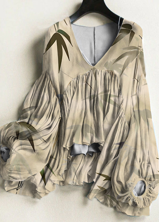 Chic yellow bamboo Wrinkled Chiffon Shirt And Spaghetti Strap Two Pieces Set Lantern Sleeve