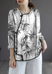 White bamboo Loose Linen Shirt Tops Embroidered Long Sleeve