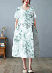 Beautiful white bamboo Pockets Print O Neck Dress