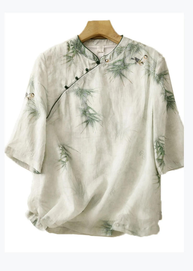 Grace Green Stand Collar Embroidered Linen Shirt Top Summer