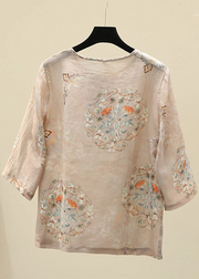 Grace Apricot O-Neck Print Oriental Button Side Open Linen Tops Half Sleeve