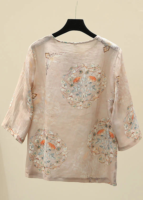 Grace Apricot O-Neck Print Oriental Button Side Open Linen Tops Half Sleeve