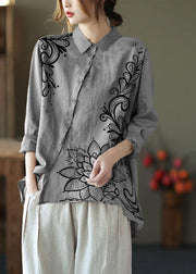 Chic Grey Flowers Peter Pan Collar Button Spring Asymmetrical Design Top Long Sleeve