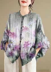 Loose gray flower Striped Button Linen Blouses Batwing Sleeve