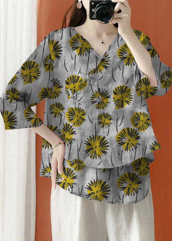 Beautiful brown Asymmetrical Print Linen Blouses Half Sleeve