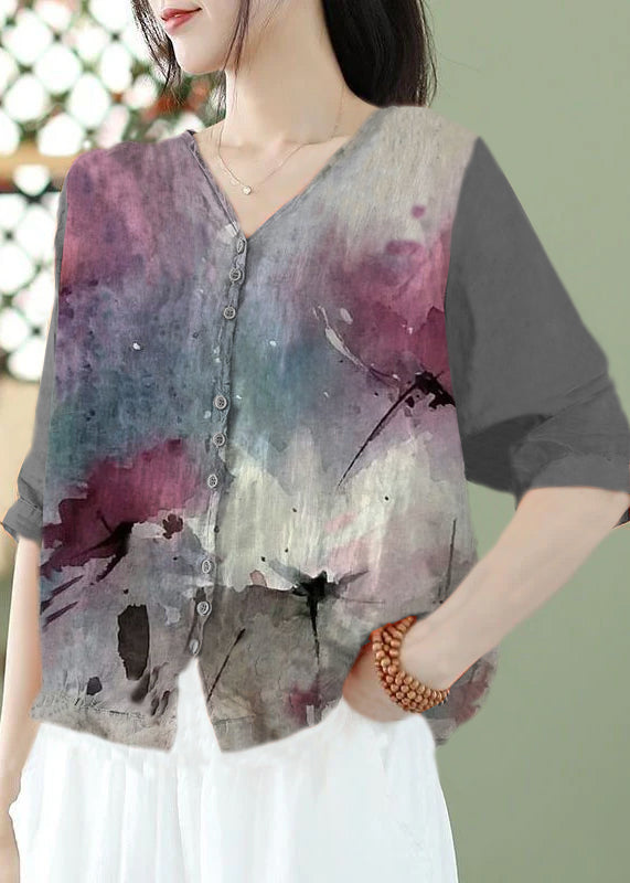 Bohemian Grey Flowers Print Slim Fit Linen Shirt Top Half Sleeve