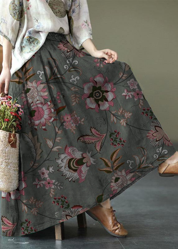 Women green texture Print Ramie Elastic Waist Skirt