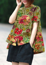 Yellow-geometry Print Patchwork Linen Top Button Stand Collar Summer