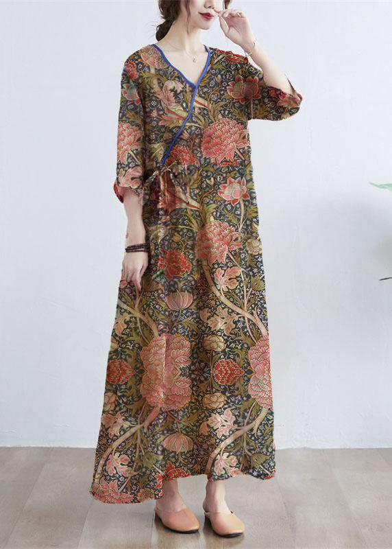 Simple  yellow  Print V Neck Floral Summer Tie Waist Long Dresses Half Sleeve