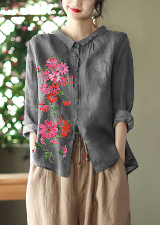 Retro Peacock Green Peter Pan Collar Print Button Wrinkled Shirts Long Sleeve