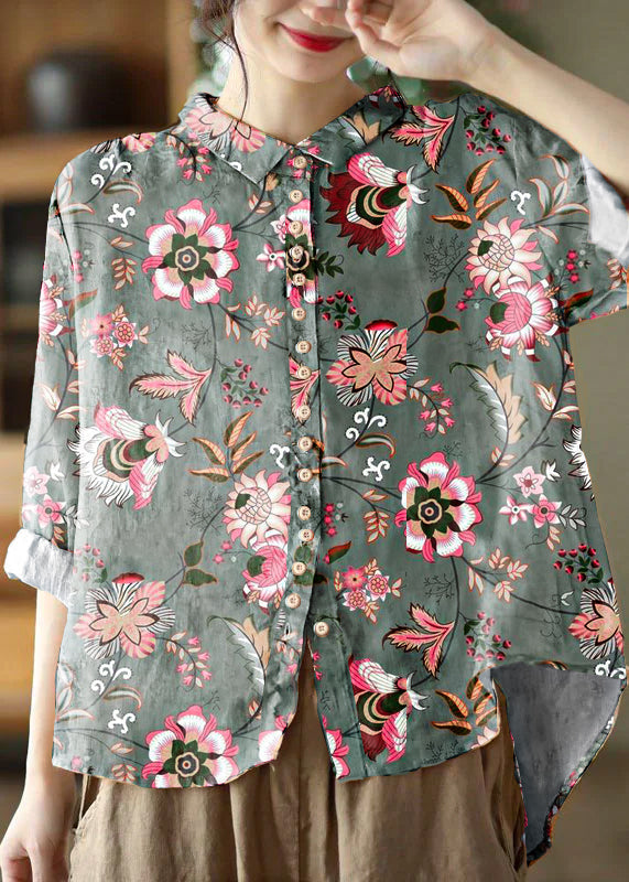Simple Pink-flower Peter Pan Collar Print Button Cotton Blouse Tops Long Sleeve