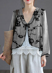 White flowers V Neck Embroideried Summer Ramie Cardigan Long Sleeve