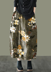 Plus Size Green Flowers Retro Print A Line Pockets Fall Skirts