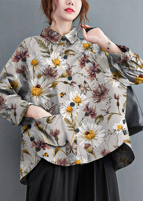 Grey-floral Patchwork Cotton Shirt Top Oversized Pockets Fall