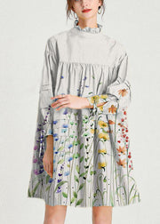 Plus Size Grey Flowers Stand Cotton Bow Spring Maxi Dresses