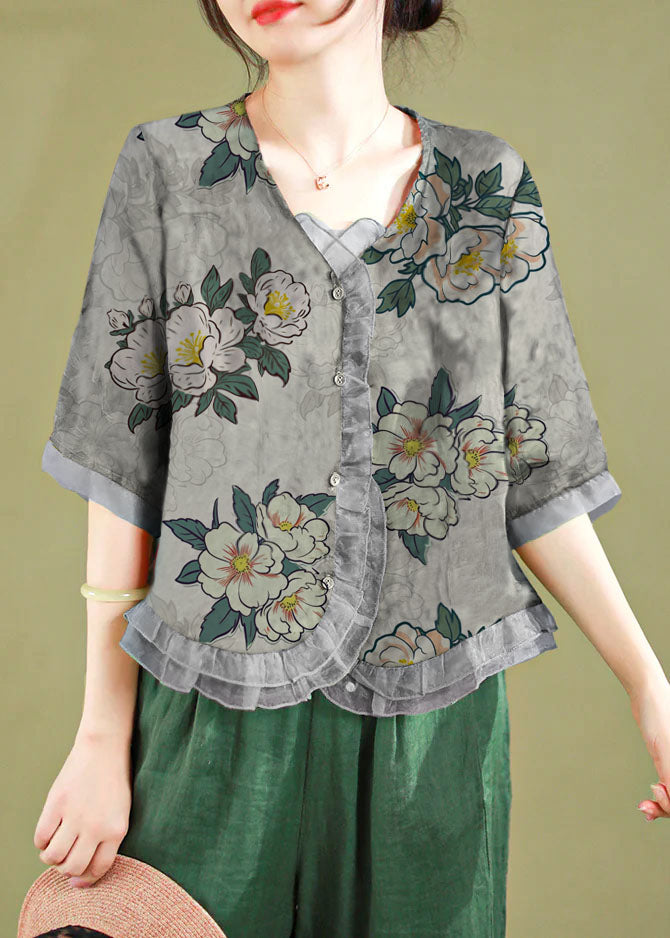 Fashion gray-geometry Ruffled Button Patchwork Linen Blouse Top Summer