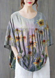 Plus Size Grey Flowers O-Neck wrinkled Cotton Tank Tops Half Sleeve