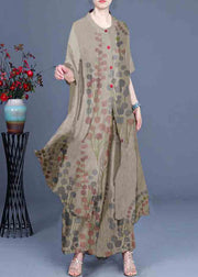 Summer 2025 Loose Silk Grey Flowers Print Coat + Two Piece Pants