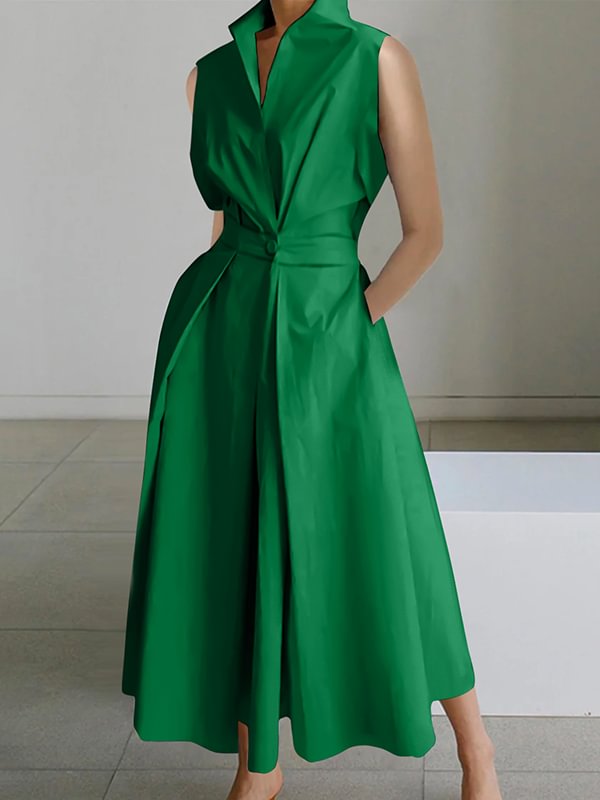2023 Dark green Peter Pan Collar Pockets Cotton Dress Sleeveless