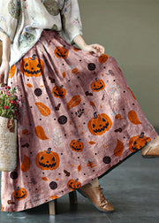 Women Pink-Pumpkin Print Ramie Elastic Waist Skirt