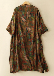 Grace Stand Collar Button Print Linen Dress Summer