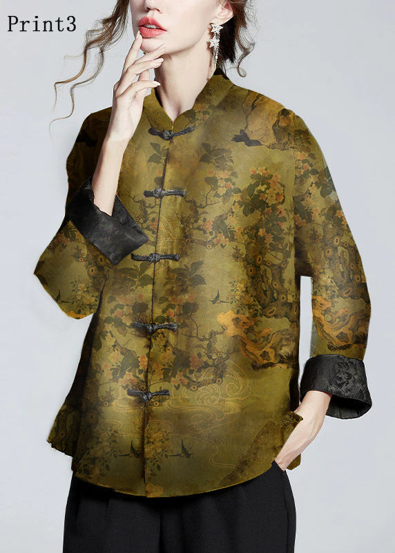 Chinese Style Print3 Stand Collar Button Print Silk Coats Long Sleeve