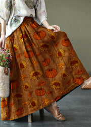 Women Pink-Pumpkin Print Ramie Elastic Waist Skirt
