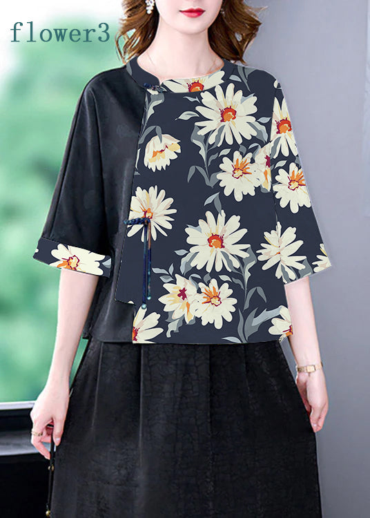 Flower1 O-Neck Print Patchwork Top Bracelet Sleeve