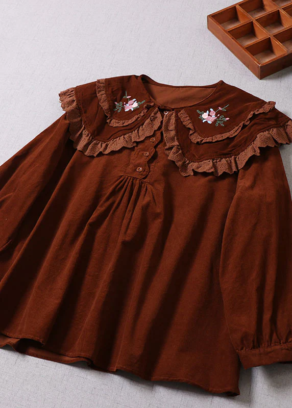 Grace Chocolate Embroideried Button Corduroy Blouses Spring