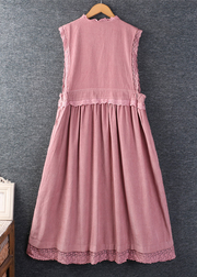 Grace Pink Ruffled Pockets Lace Patchwork Corduroy Dress Sleeveless