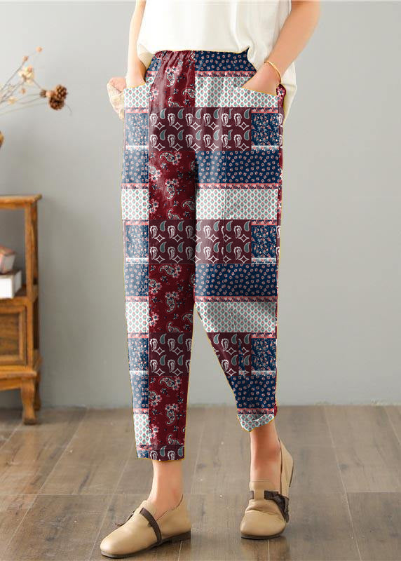Natural brown-red geometry Pockets Cotton Linen  Pants Summer
