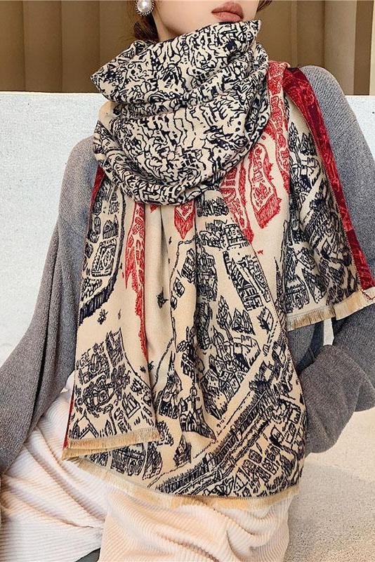 Women Spring Warm Thick Retro Mural Scarf