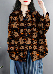 Chinese Style Black-ghost Print Pockets Button Patchwork Cotton Coats Long Sleeve