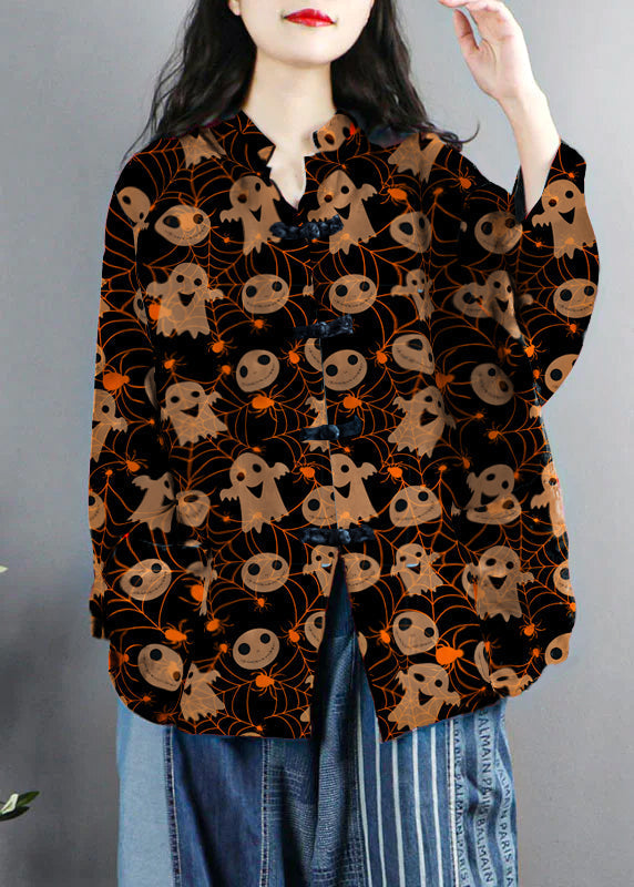 Chinese Style Purple Print Pockets Button Patchwork Cotton Coats Long Sleeve