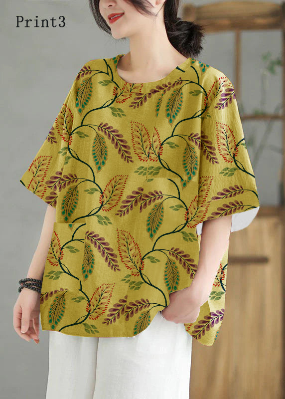 Women Print4  O Neck Print Patchwork Linen T Shirt Top Summer