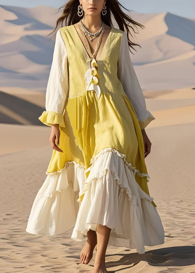 Handmade Yellow Ruffled Patchwork Cotton Long Dress Spring